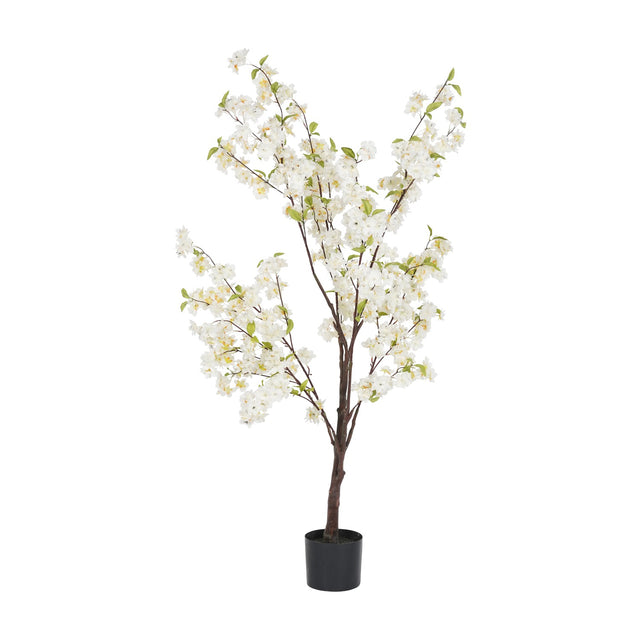 Libra Interiors Potted White Blossom Cherry artificial tree with slim brown trunk, arching branches of white blooms and green leaves in a black pot.