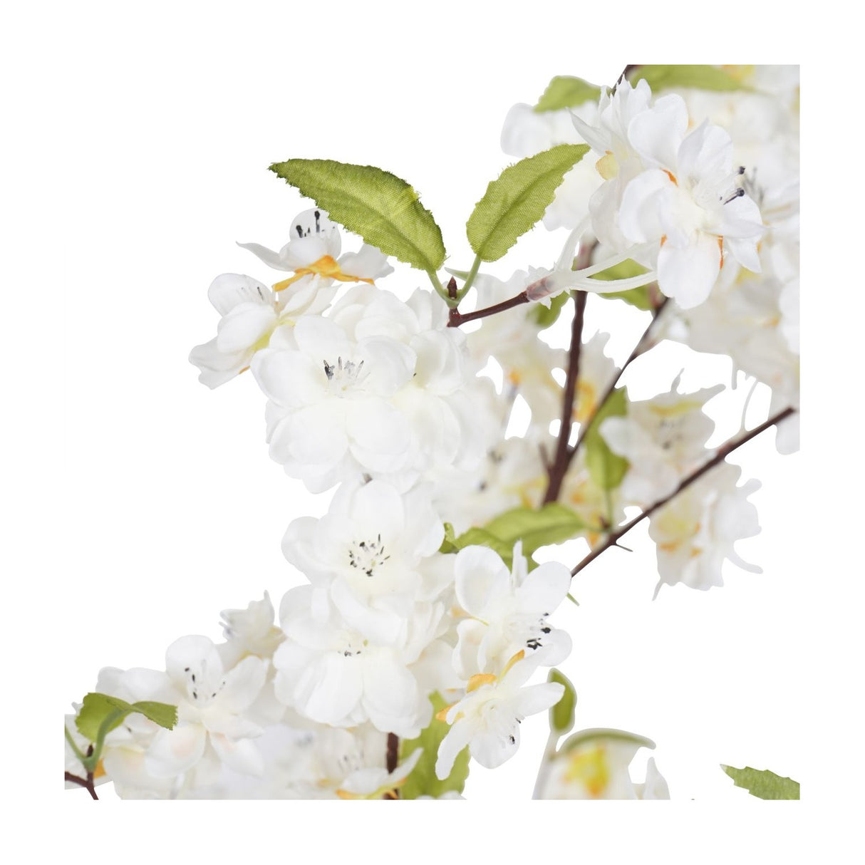 Close-up of Libra Interiors Potted White Blossom Cherry Artificial Flowers showing clustered white blooms and small green leaves on slim brown branches.