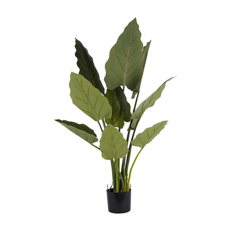 Libra Interiors Tall Faux Foliage Giant Tora artificial plant with broad green polyethylene leaves on slender stems in a black plastic pot, on white.