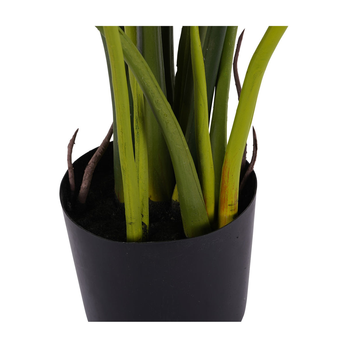 Close-up of Libra Interiors Tall Faux Foliage Giant Tora plant base, showing broad green polyethylene leaves and slender stems set in a black plastic pot.