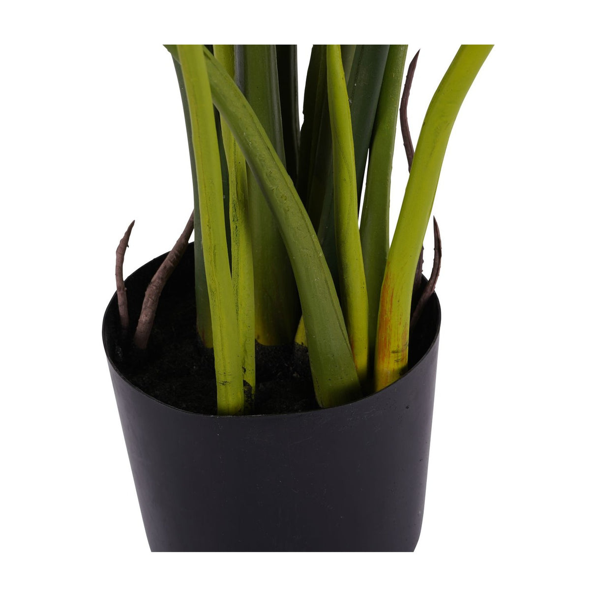 Close-up of the Libra Interiors Tall Faux Foliage Giant Tora plant base, showing green polyethylene stems rising from soil in a black nursery pot.