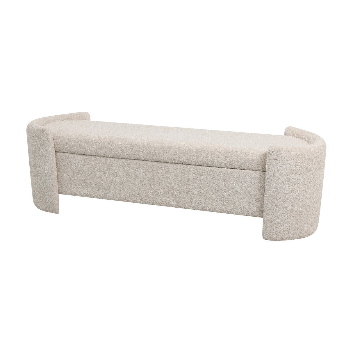 Libra Interiors Textured Boucle Storage Ottoman in cream with curved end panels, lift-up padded lid and long bench seat, shown on a plain white background.