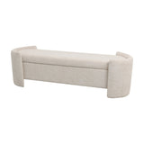 Libra Interiors Textured Boucle Storage Ottoman in cream with curved end panels, lift-up padded lid and long bench seat, shown on a plain white background.