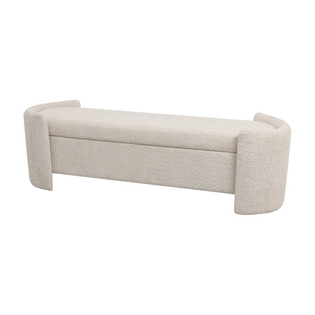 Libra Interiors Textured Boucle Storage Ottoman in cream with curved end panels, lift-up padded lid and long bench seat, shown on a plain white background.
