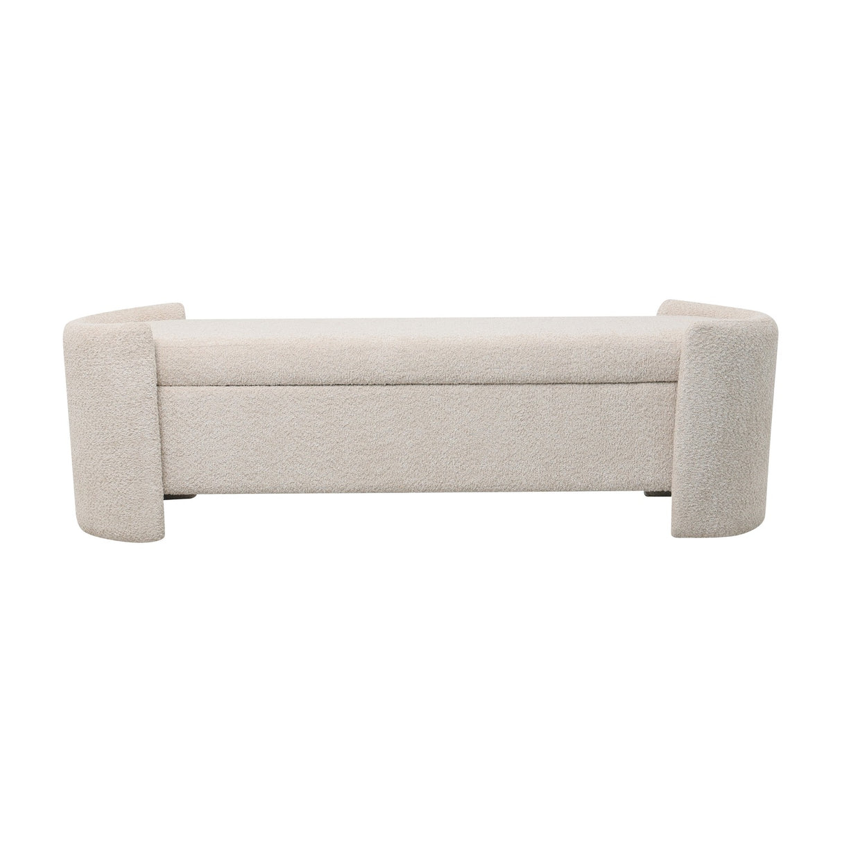 Libra Interiors Textured Boucle Storage Ottoman in cream with curved end panels and a long padded lift-up lid, shown against a plain white background.