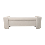 Libra Interiors Textured Boucle Storage Ottoman in cream with curved end panels and a long padded lift-up lid, shown against a plain white background.