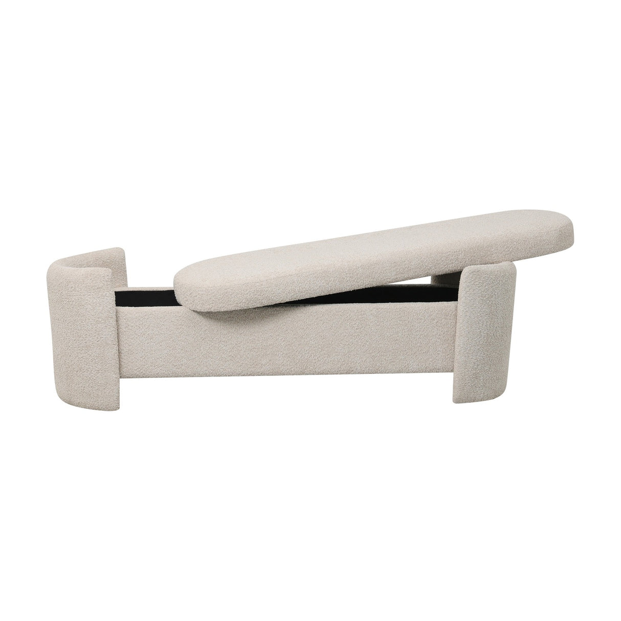 Libra Interiors Textured Boucle Storage Ottoman in cream with curved end panels and lifted padded lid revealing hidden storage, shown on a white background.