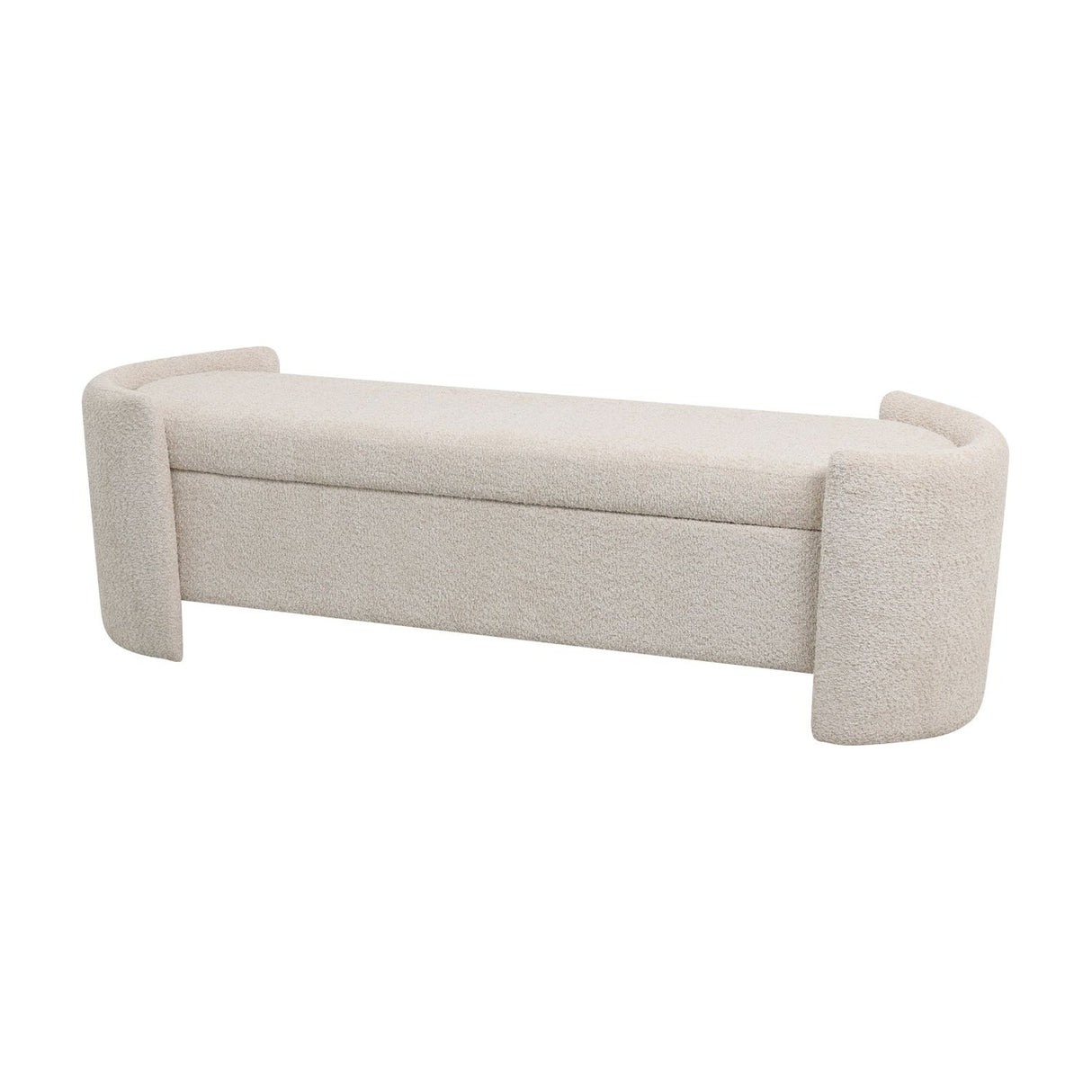 Libra Interiors Textured Boucle Storage Ottoman in cream, a long bench-style stool with curved end panels and lift-up padded lid, on a white background.