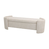 Libra Interiors Textured Boucle Storage Ottoman in cream, a long bench-style stool with curved end panels and lift-up padded lid, on a white background.
