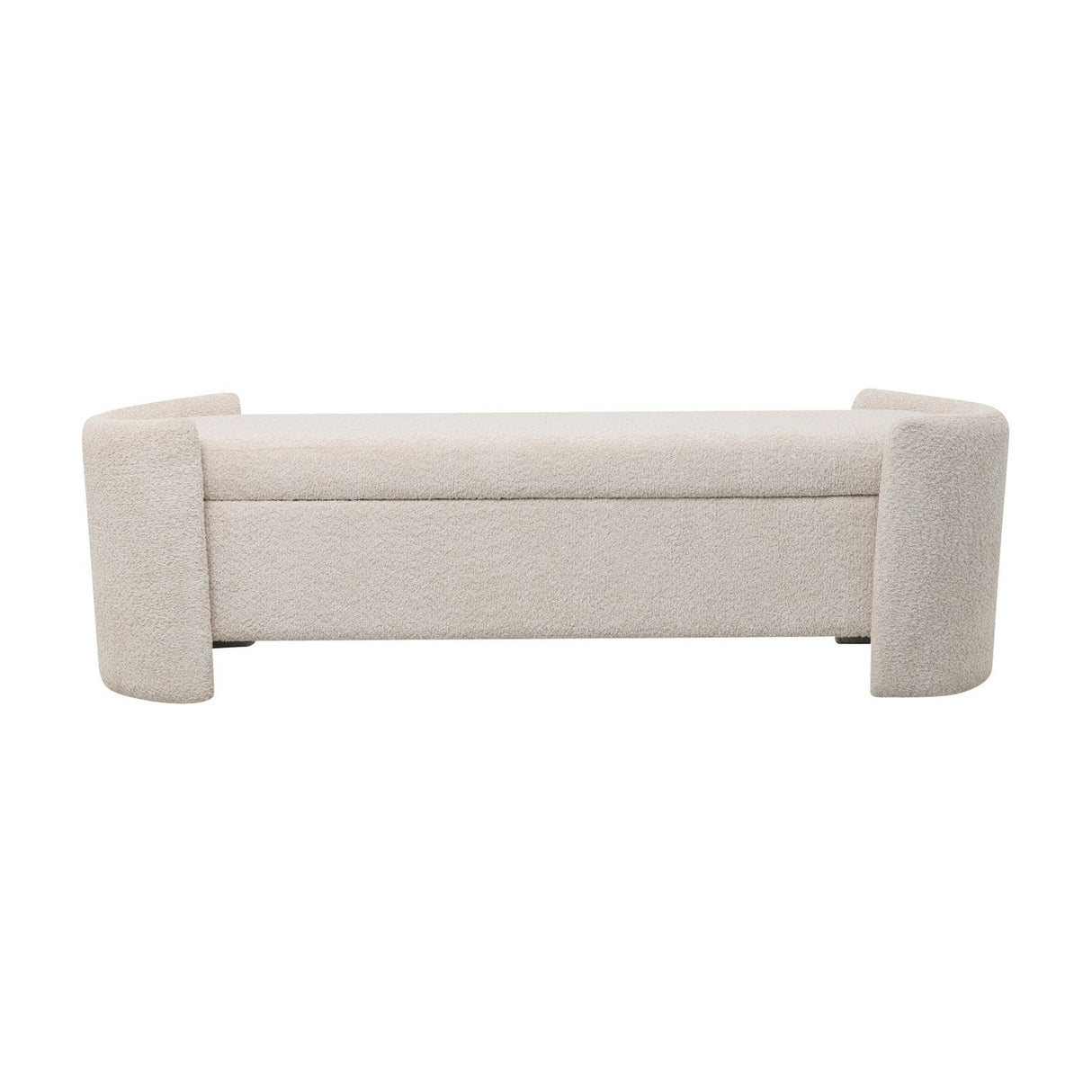 Libra Interiors Textured Boucle Storage Ottoman in cream with curved end panels and a long padded lift-up lid, shown on a plain white background.