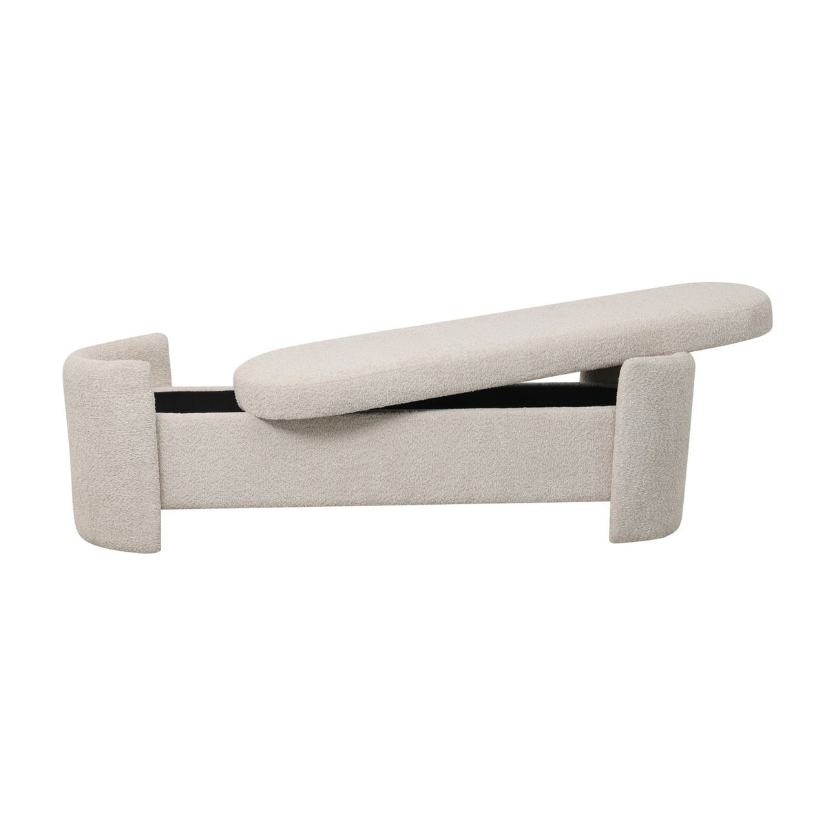 Libra Interiors Textured Boucle Storage Ottoman in cream with curved end panels and lifted padded lid revealing hidden storage, on a white background.