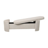 Libra Interiors Textured Boucle Storage Ottoman in cream with curved end panels and lifted padded lid revealing hidden storage, on a white background.