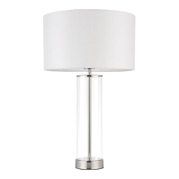 Endon Caldley table lamp with a clear cylindrical glass base, nickel fittings and a vintage white drum shade, shown on a plain white background.