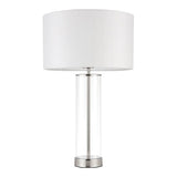Endon Caldley table lamp with a clear cylindrical glass base, nickel fittings and a vintage white drum shade, shown on a plain white background.