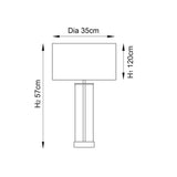 Endon Caldley table lamp technical drawing showing 57cm height, 35cm shade diameter and 120cm total dimension on a plain white background.