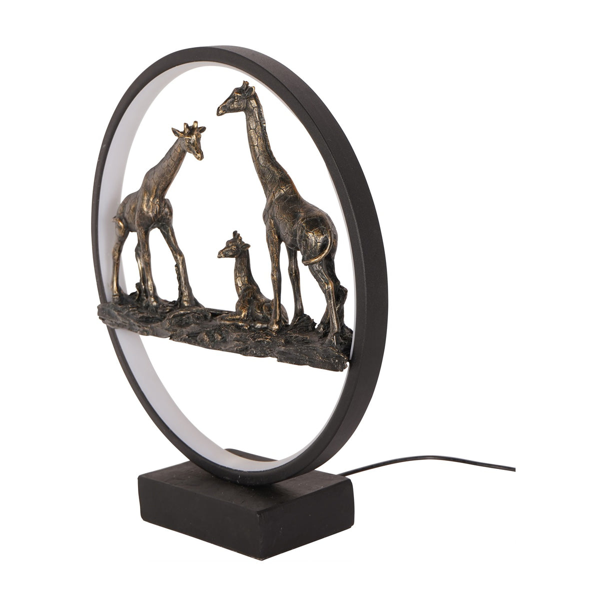 Libra Interiors LED Giraffe Family circular lighting accessory with three antique bronze resin giraffes inside a matt black LED ring on a square base.