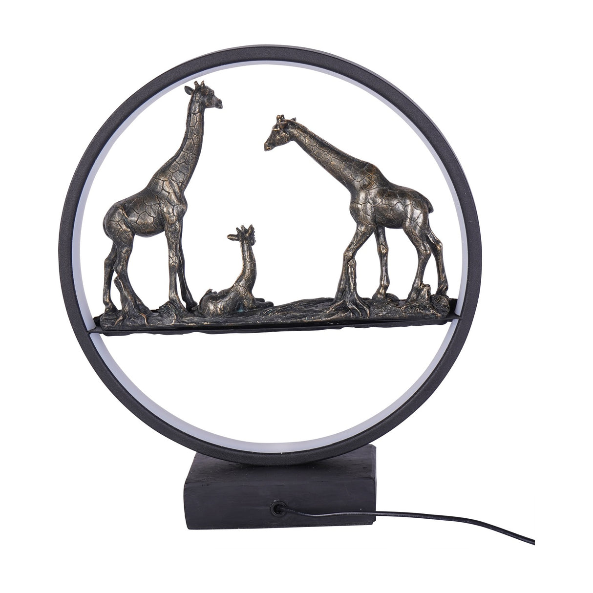 Libra Interiors LED Giraffe Family circular lighting accessory with two adult giraffes and a resting calf in antique bronze resin within a matt black LED ring.