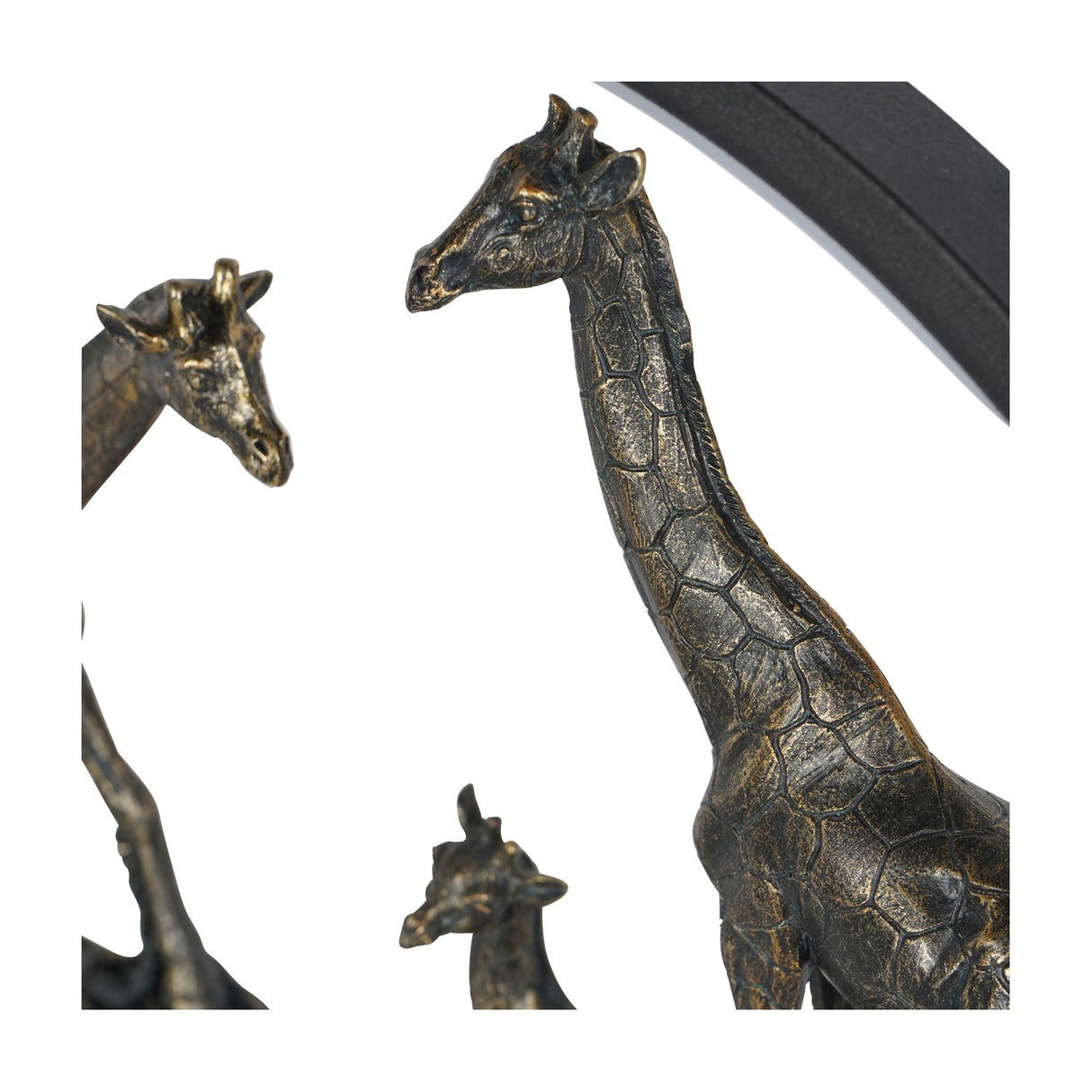 Close-up of Libra Interiors LED Giraffe Family light, showing antique bronze resin giraffes with textured patterning against a matt black ring.