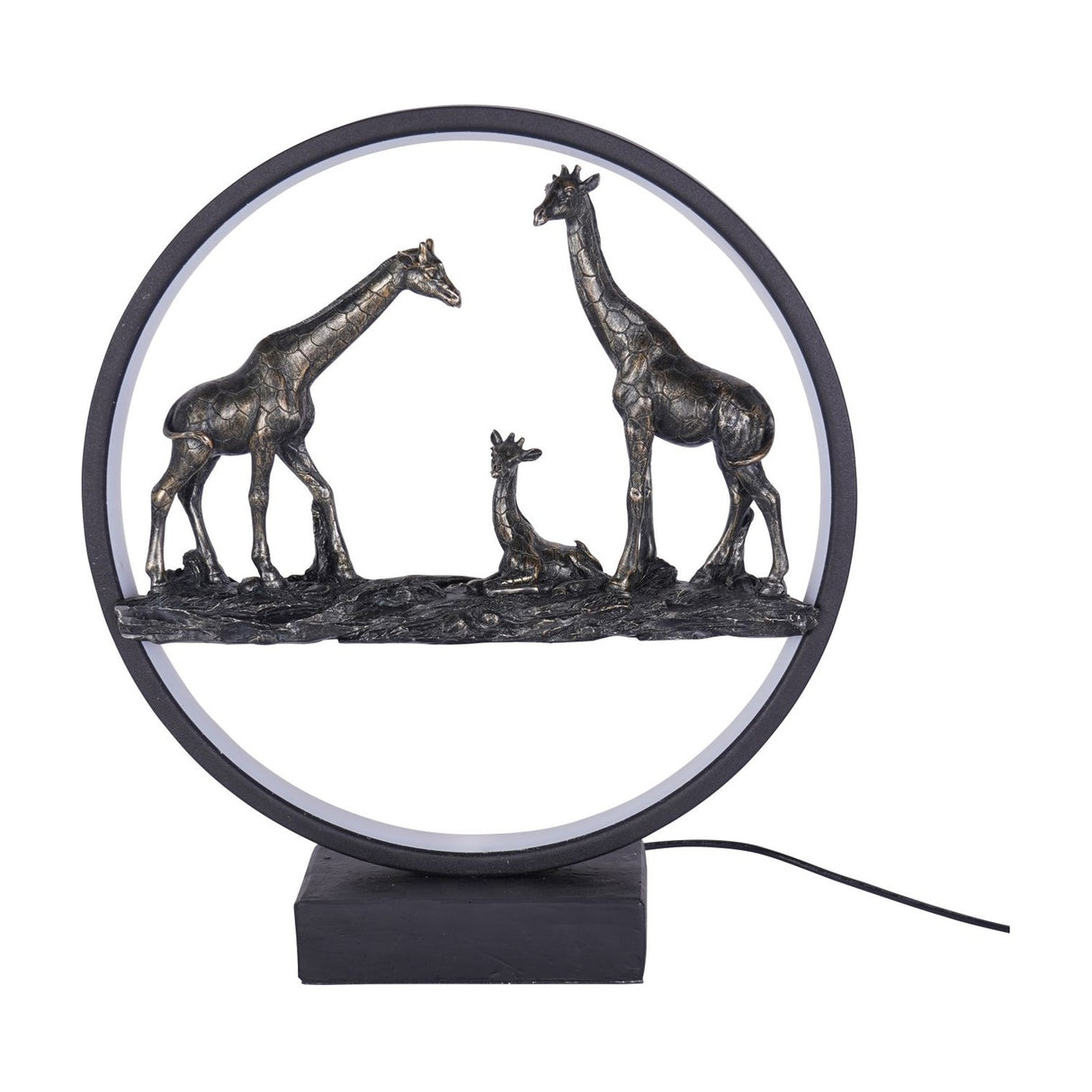 Libra Interiors LED Giraffe Family lighting accessory with bronze resin giraffe trio inside a matt black circular LED ring on a square base.