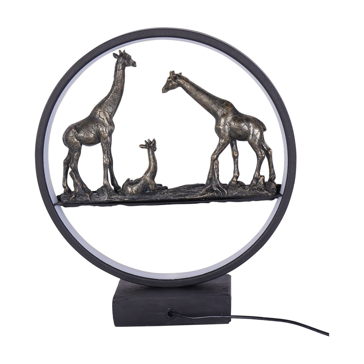 Libra Interiors LED Giraffe Family light in bronze, featuring two adults and a resting calf inside a matt black LED ring on a square base.
