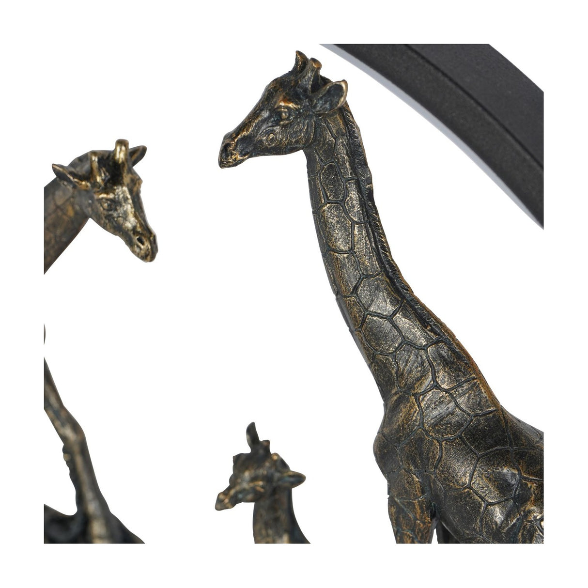 Close-up of Libra Interiors LED Giraffe Family lighting accessory showing textured antique bronze resin giraffes against the matt black circular LED frame.