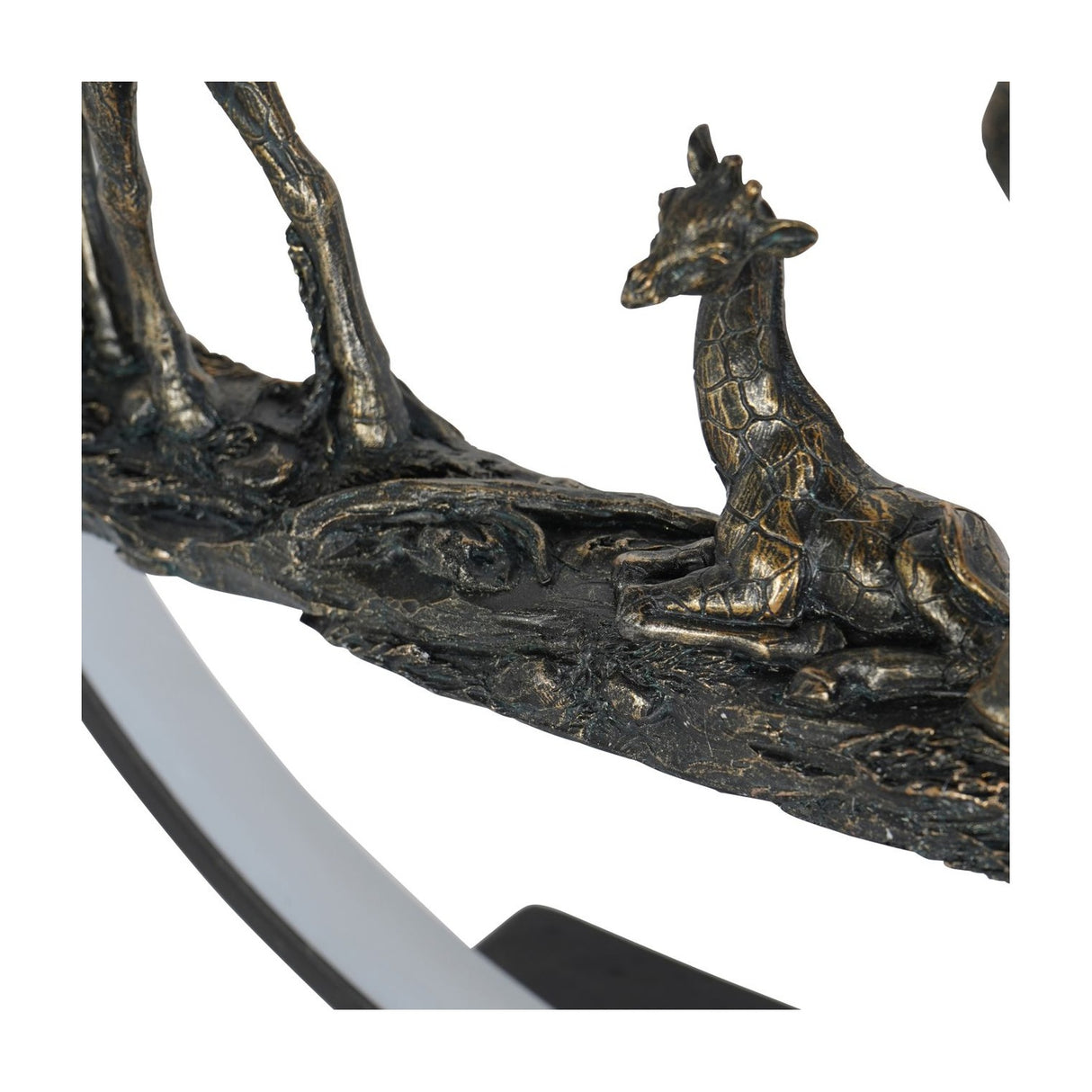 Close-up of the Libra Interiors LED Giraffe Family lighting accessory showing a resting calf in distressed antique bronze resin on a textured base.