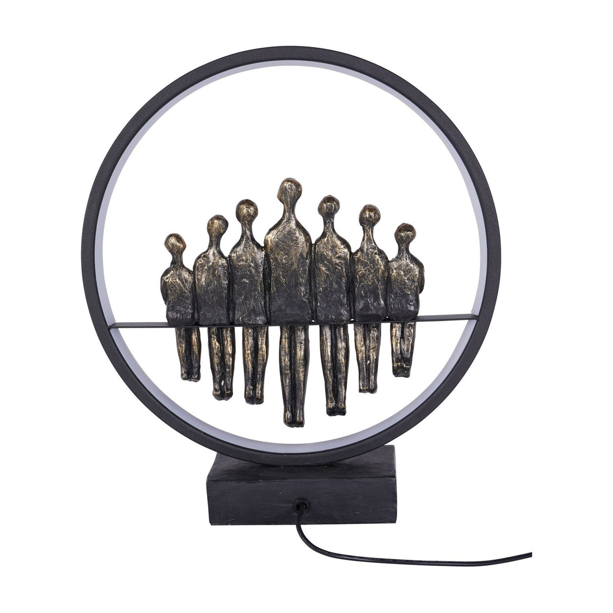Libra Interiors Bronze Family Circle LED lighting accessory with seven antique bronze resin figures set within a black metal ring on a solid base.