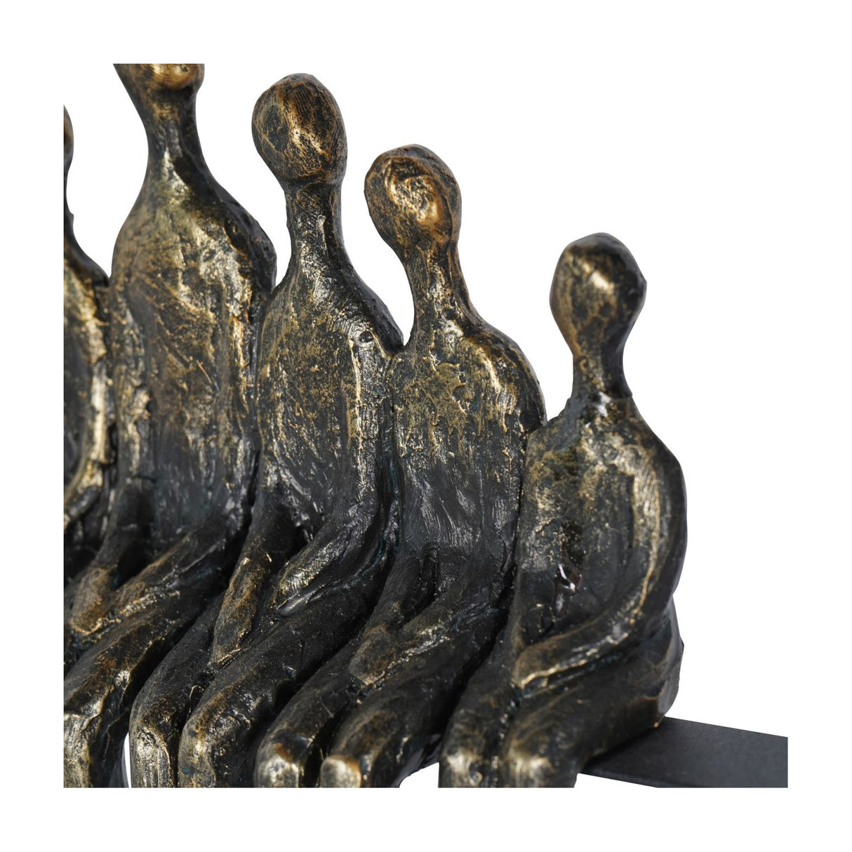 Close-up of the Libra Interiors Bronze Family Circle LED lighting accessory showing seated resin figures with a textured, distressed antique bronze finish.