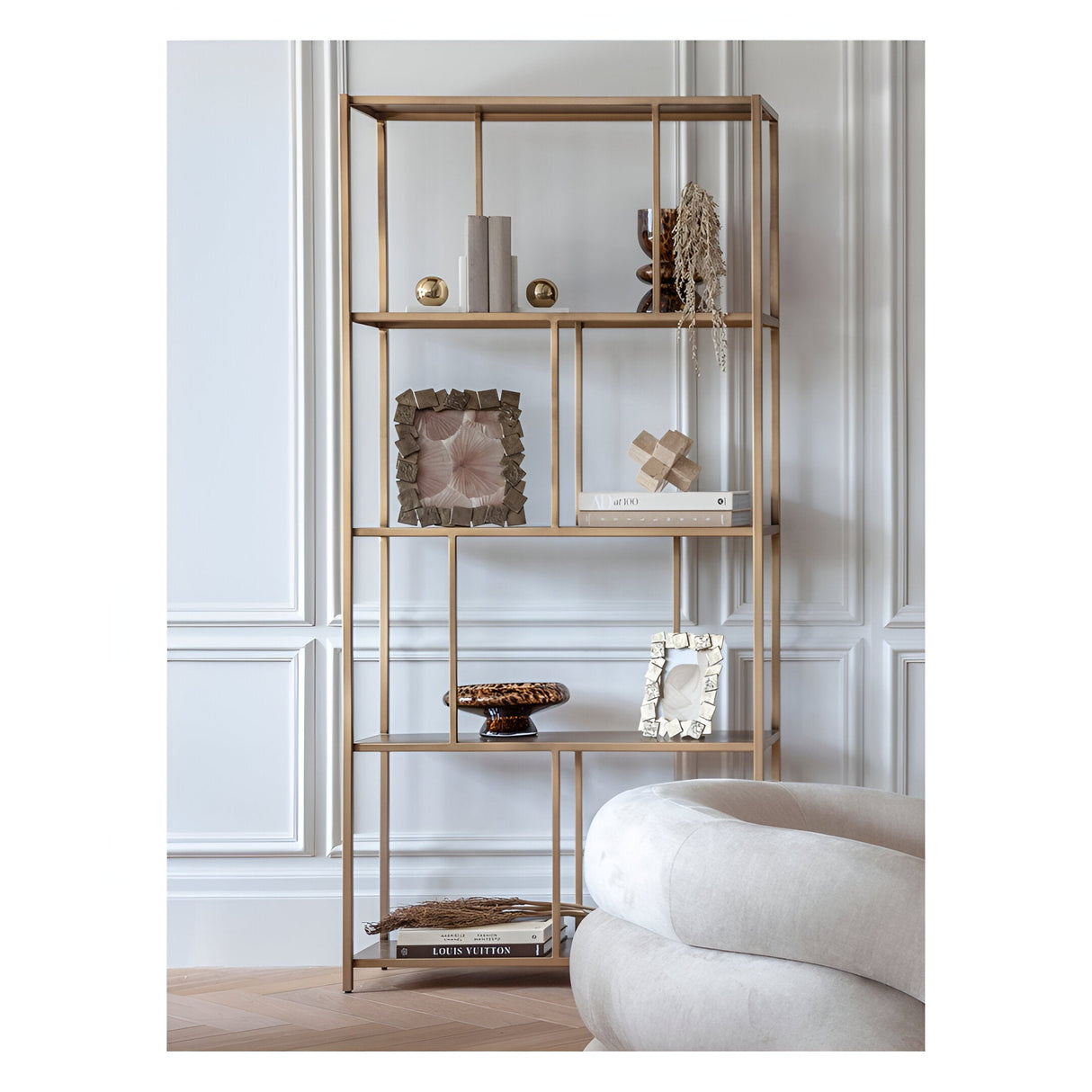 Brooks Tall Metal Shelving Unit - Brushed Champagne