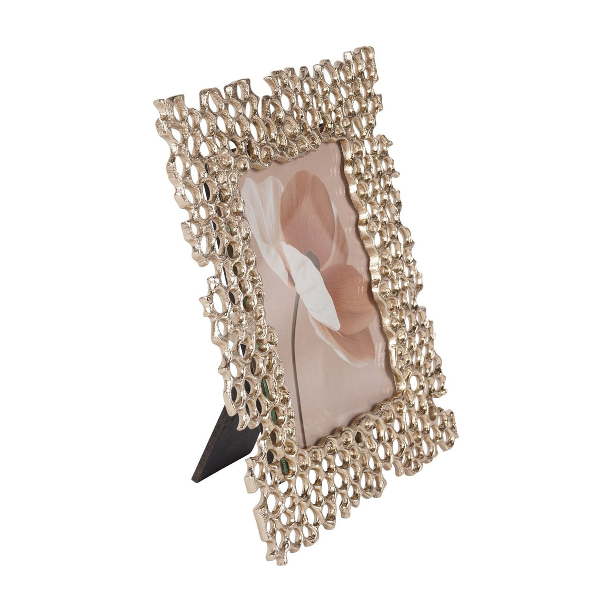 Libra Interiors Openwork Cast Aluminium Photo Frame in gold with honeycomb border, easel back, and portrait floral print, on a white background.