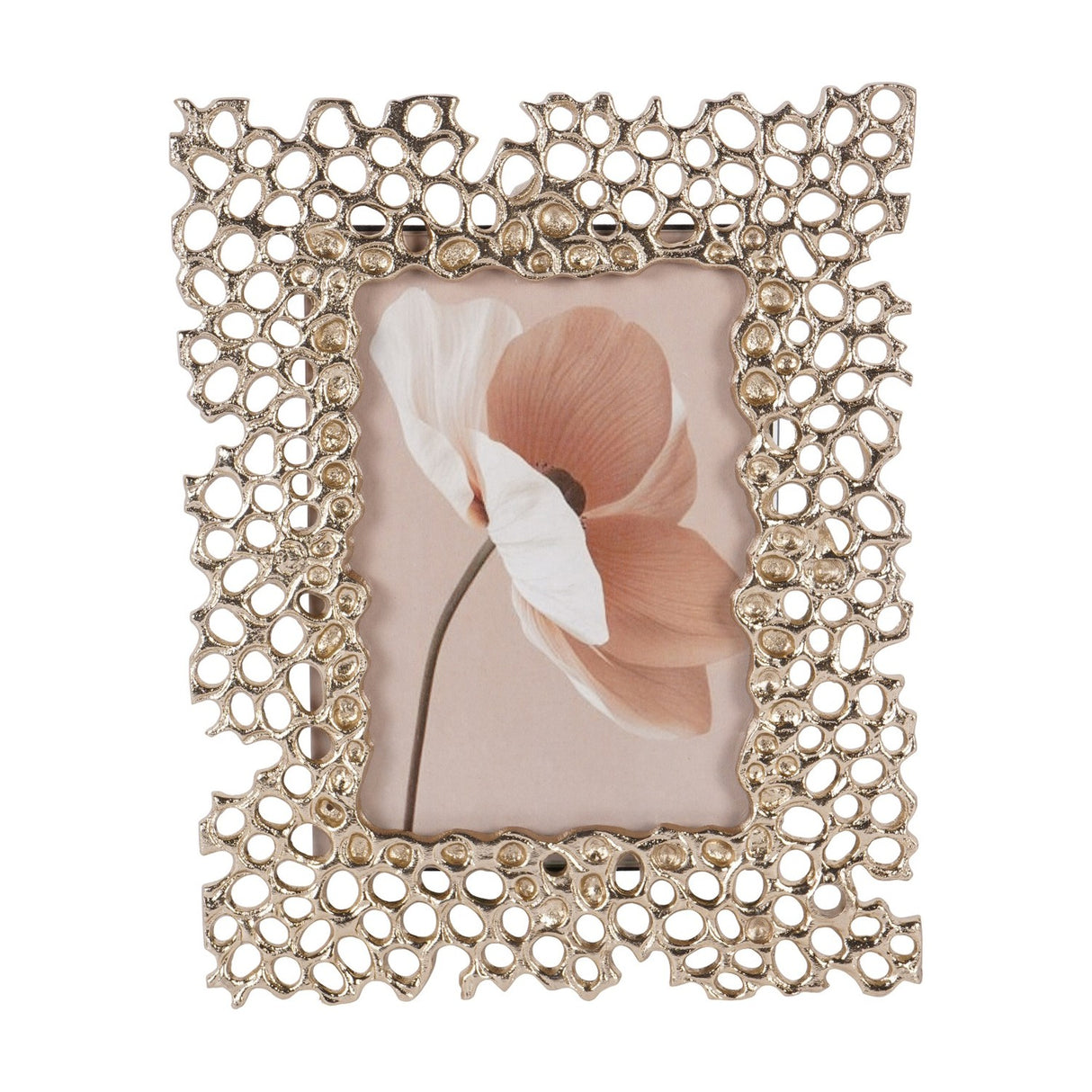 Libra Interiors Openwork Cast Aluminium Photo Frame in gold with a honeycomb-inspired border, holding a portrait floral print on a white background.