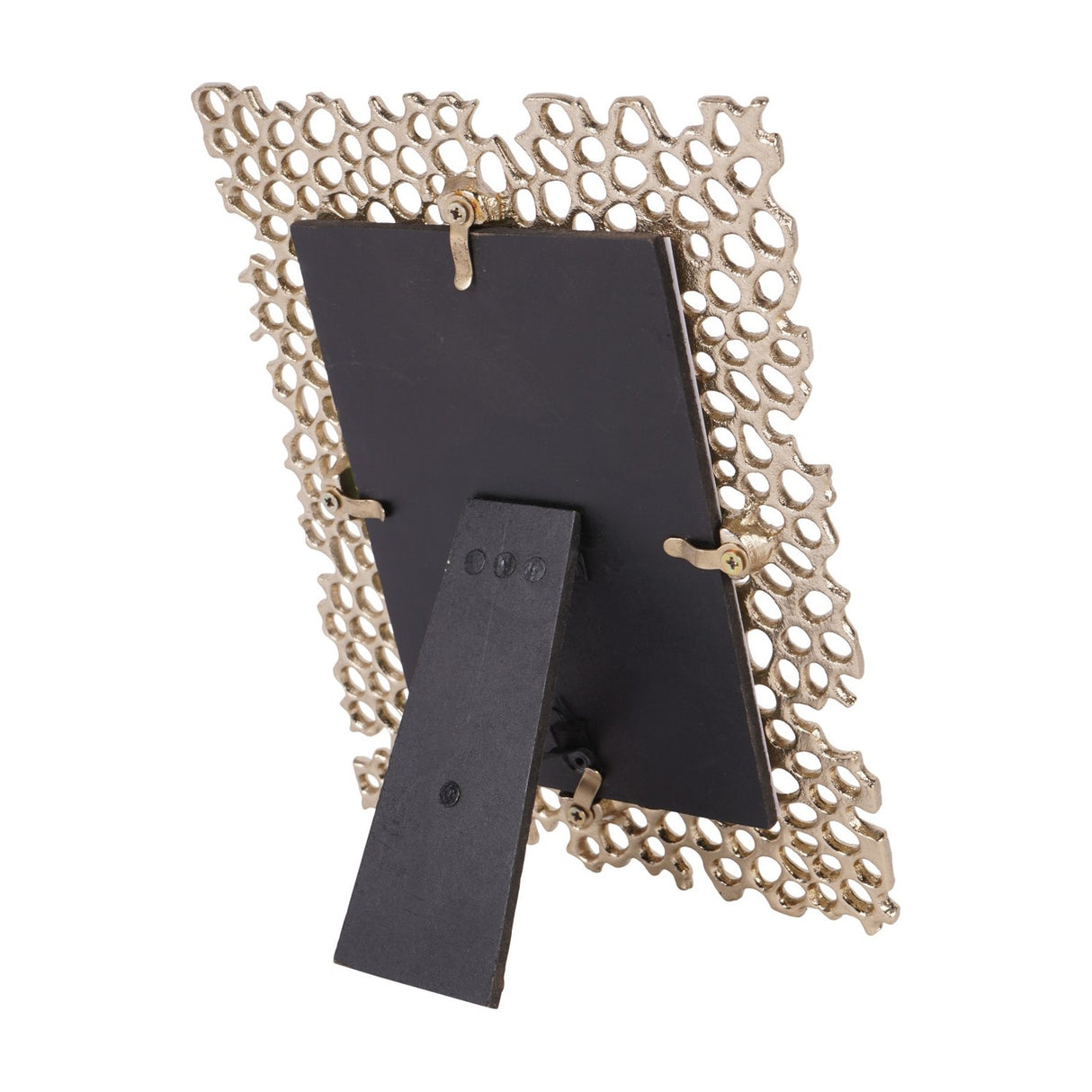 Rear view of the Libra Interiors Openwork Cast Aluminium Photo Frame in gold, showing the black backing board and fold-out easel stand.