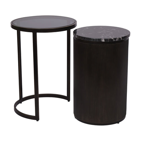 Libra Interiors Marble Glass Nesting Set of 2 Side Tables in black, pairing a tinted glass top on a bronze frame with a marble-topped ribbed drum.