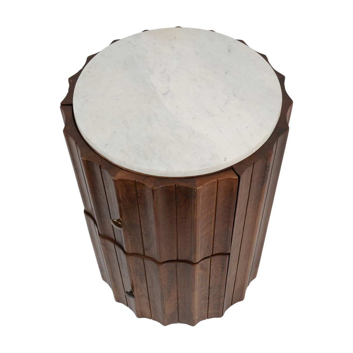 Fluted Mango Wood Marble Top Bedside Table – Dark Wood