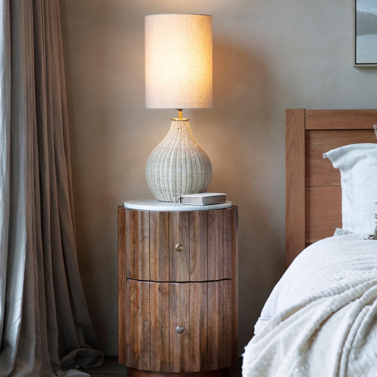 Fluted Mango Wood Marble Top Bedside Table – Dark Wood
