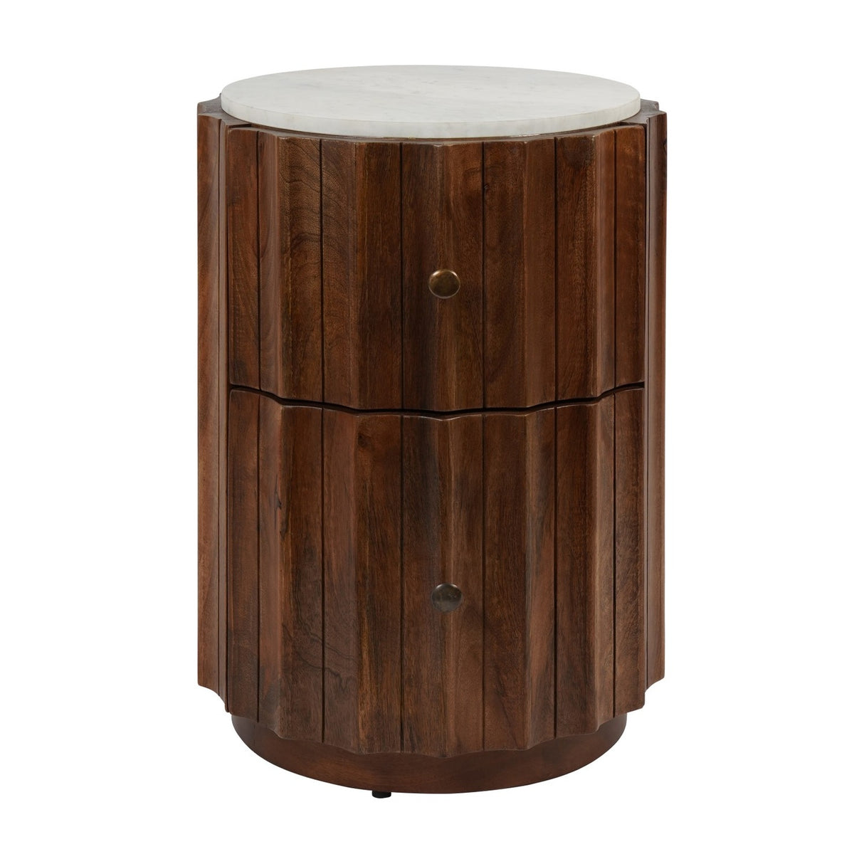 Fluted Mango Wood Marble Top Bedside Table – Dark Wood