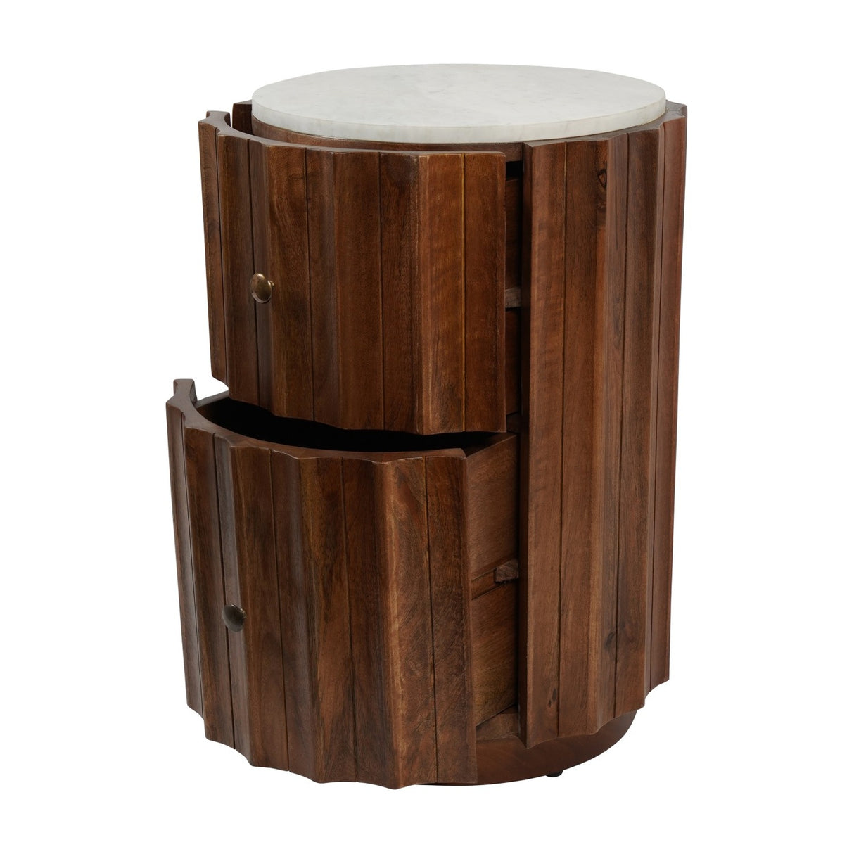 Fluted Mango Wood Marble Top Bedside Table – Dark Wood