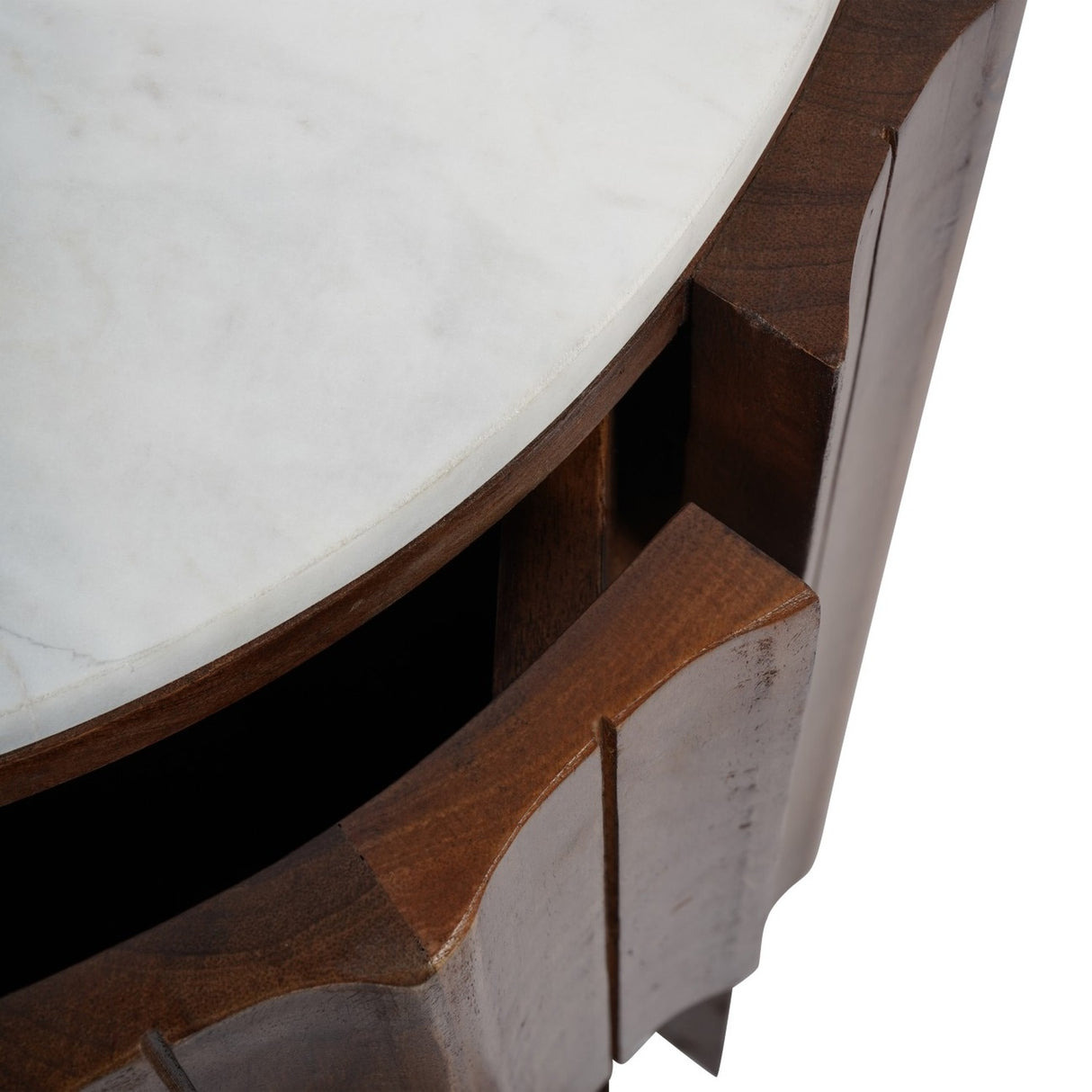 Fluted Mango Wood Marble Top Bedside Table – Dark Wood