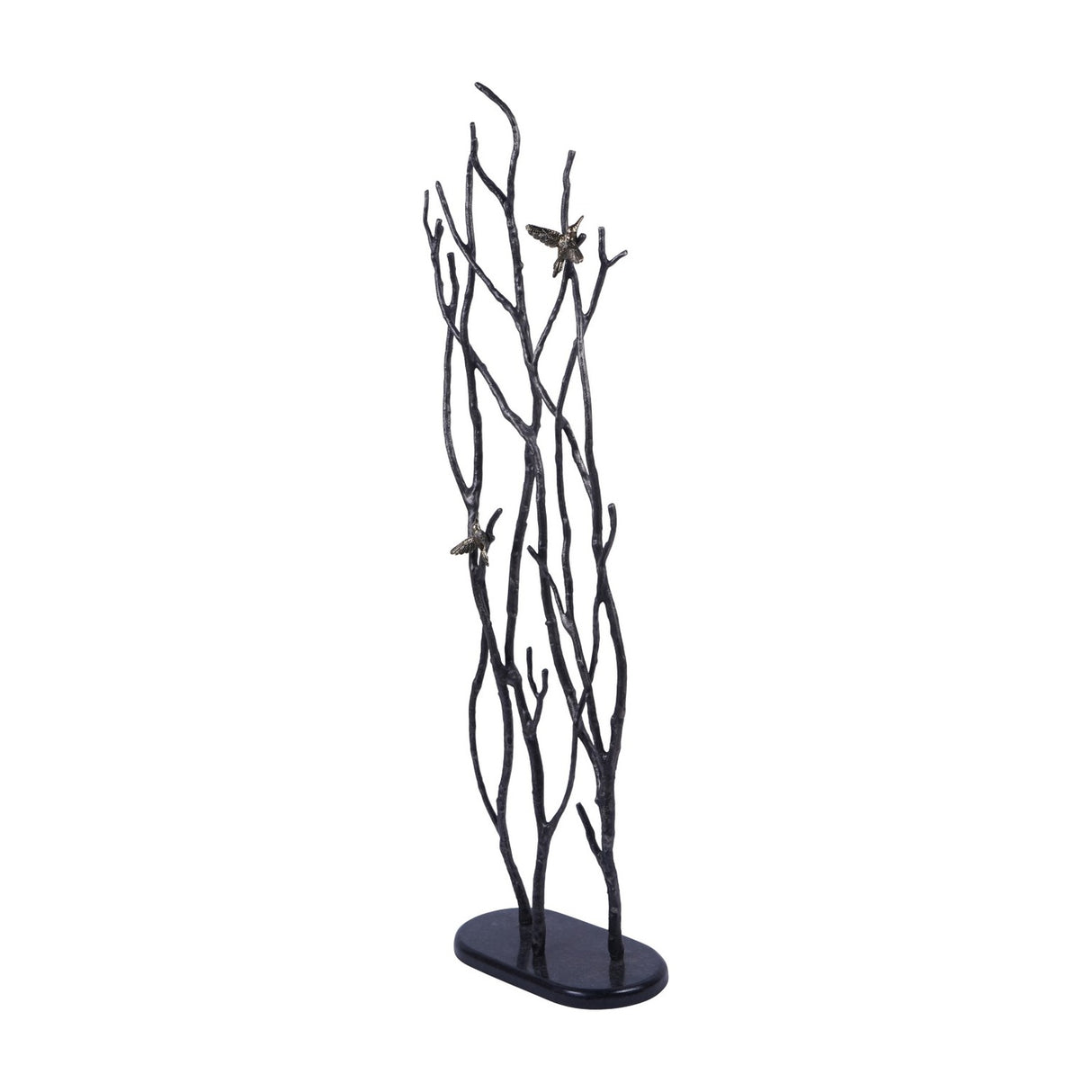 Libra Interiors Aluminium Branch and Bird Floor Sculpture in matt black with two antique brass birds perched on tall cast branches rising from an oval base.