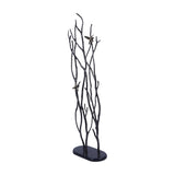 Libra Interiors Aluminium Branch and Bird Floor Sculpture in matt black with two antique brass birds perched on tall cast branches rising from an oval base.