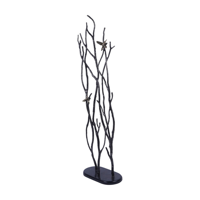 Libra Interiors Aluminium Branch and Bird Floor Sculpture in matt black with two antique brass birds perched on tall cast branches rising from an oval base.