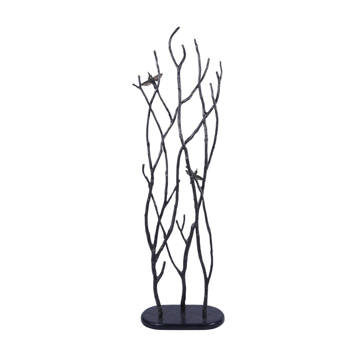 Libra Interiors Aluminium Branch and Bird Floor Sculpture in matt black with two antique brass birds perched among upright cast branches on an oval base.