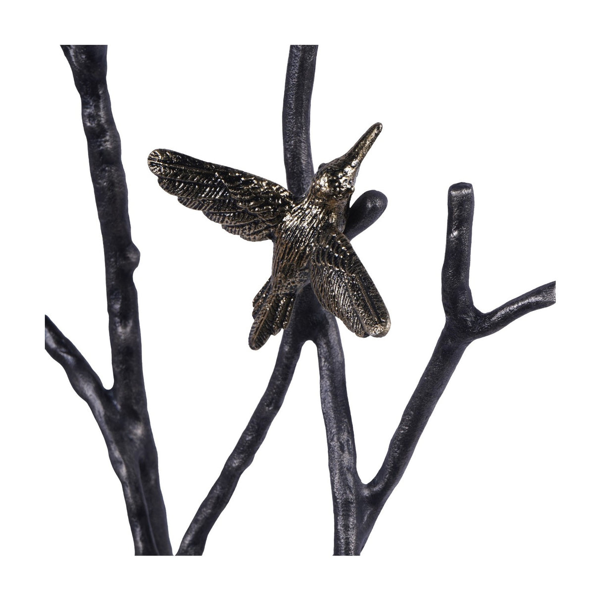 Libra Interiors Aluminium Branch and Bird Floor Sculpture with antique brass hummingbird perched on matt black cast branches, wings outstretched.