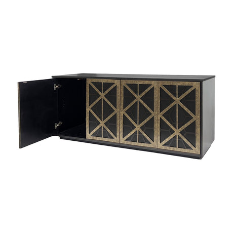 Libra Interiors Fretwork sideboard in black-washed mango wood with three visible geometric iron fretwork doors in gilded dark bronze, one door open.