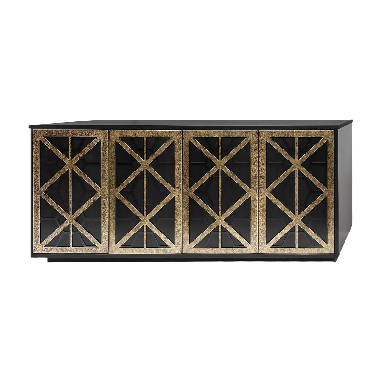 Libra Interiors Fretwork 4 Door Mango Wood Sideboard in black with four iron fretwork panels in gilded dark bronze, shown on a plain white background.