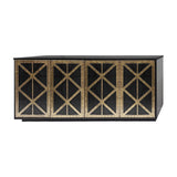 Libra Interiors Fretwork 4 Door Mango Wood Sideboard in black with four iron fretwork panels in gilded dark bronze, shown on a plain white background.