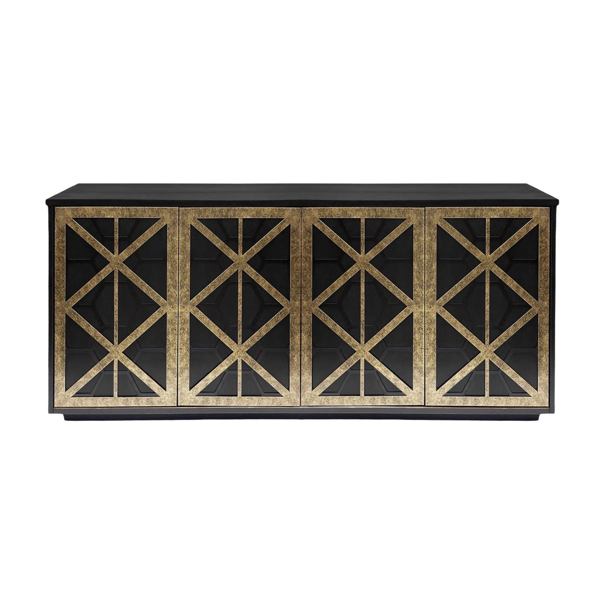 Libra Interiors Fretwork four-door mango wood sideboard in black-washed finish with gilded dark bronze iron geometric fretwork door panels.
