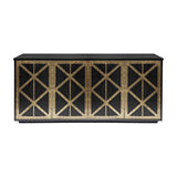 Libra Interiors Fretwork four-door mango wood sideboard in black-washed finish with gilded dark bronze iron geometric fretwork door panels.