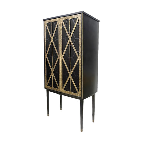 Libra Interiors Fretwork two-door drinks cabinet in black-washed mango wood with gilded dark bronze geometric iron fretwork doors and tapered legs.