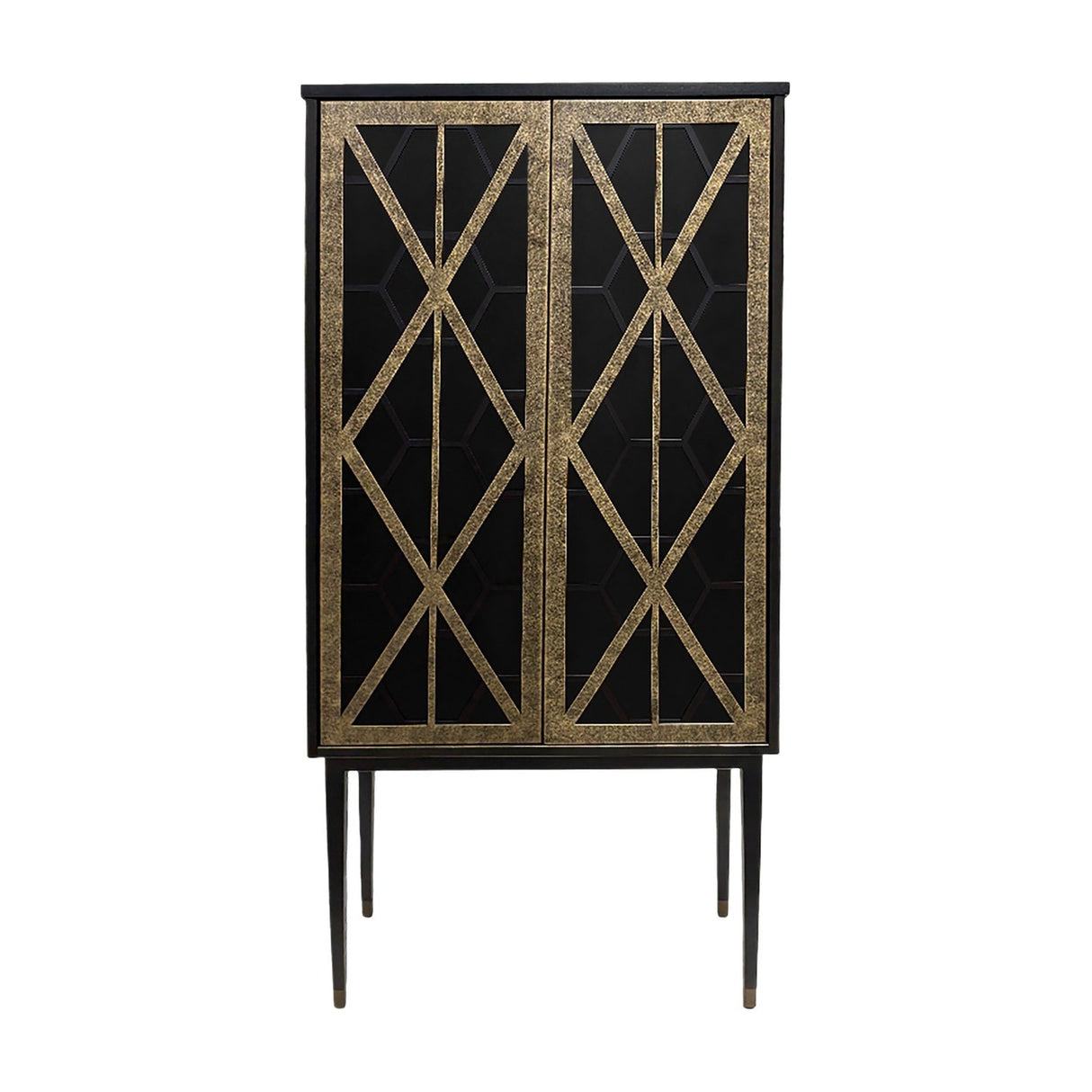 Libra Interiors Fretwork two-door drinks cabinet in black-washed mango wood with gilded dark bronze geometric iron fretwork doors and tapered legs.